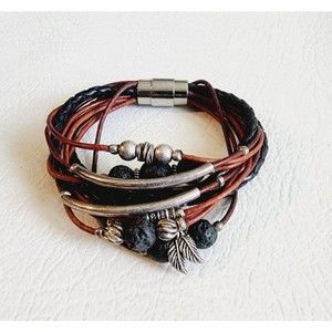 Modern Multi String Sterling Vulcanic Stone Balls Feathers Leather Bracelet